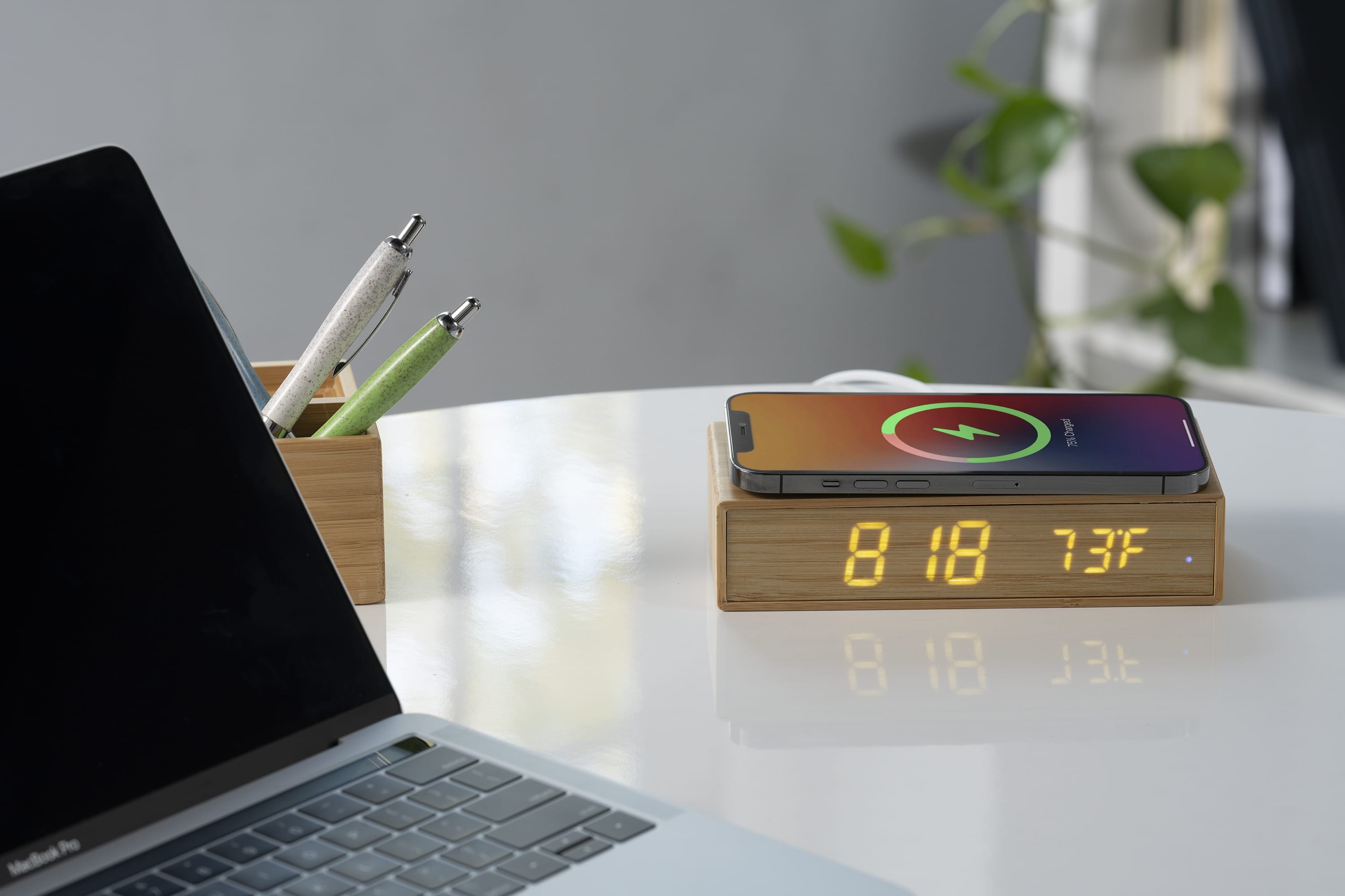 Bamboo Wireless Charging Desk Clock