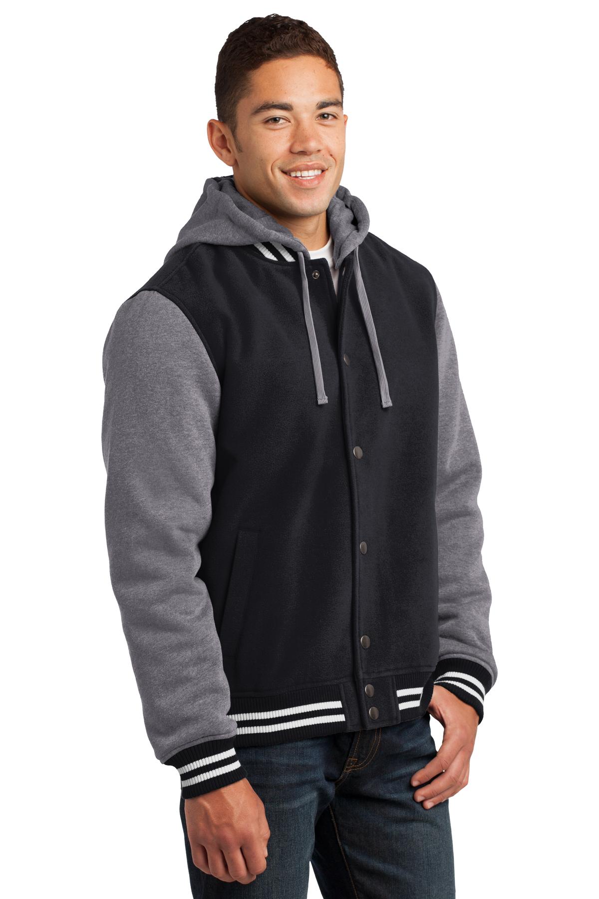 SPORT-TEK JST82 Letterman Jacket - Quilted Lined With Detachable Hood (Multiple Colors)